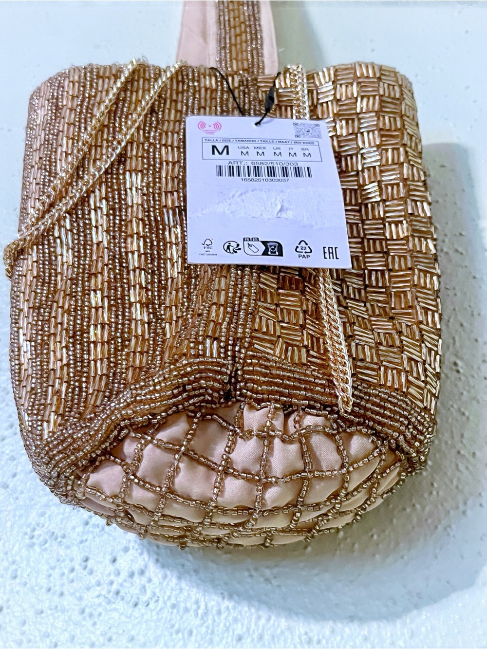 Zara NWT Gold Beaded Luxe Mini Bucket Bag Crossbody Chain Purse Wedding 6582/510 - Picture 5 of 5